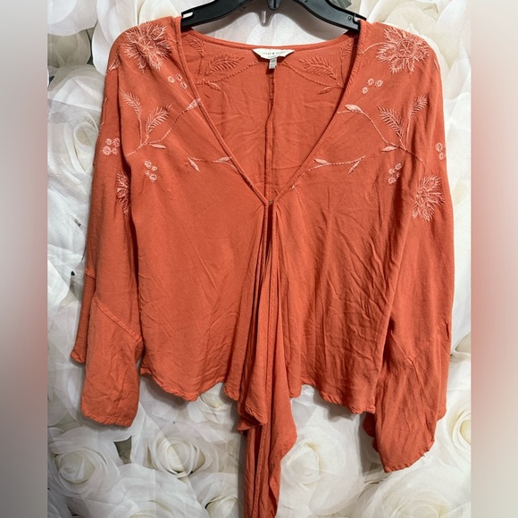 Coral lucky brand bohemian bell sleeve embroidered crop top size Xs 100% Viscose - Picture 1 of 14